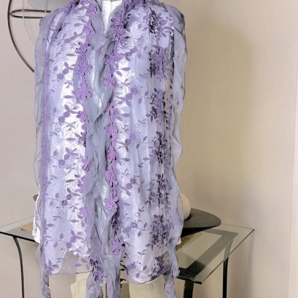 Kikiyo Purple Mesh Ruffles Embroidered Shabby Chic‎ Lace Ruffles Scarf
